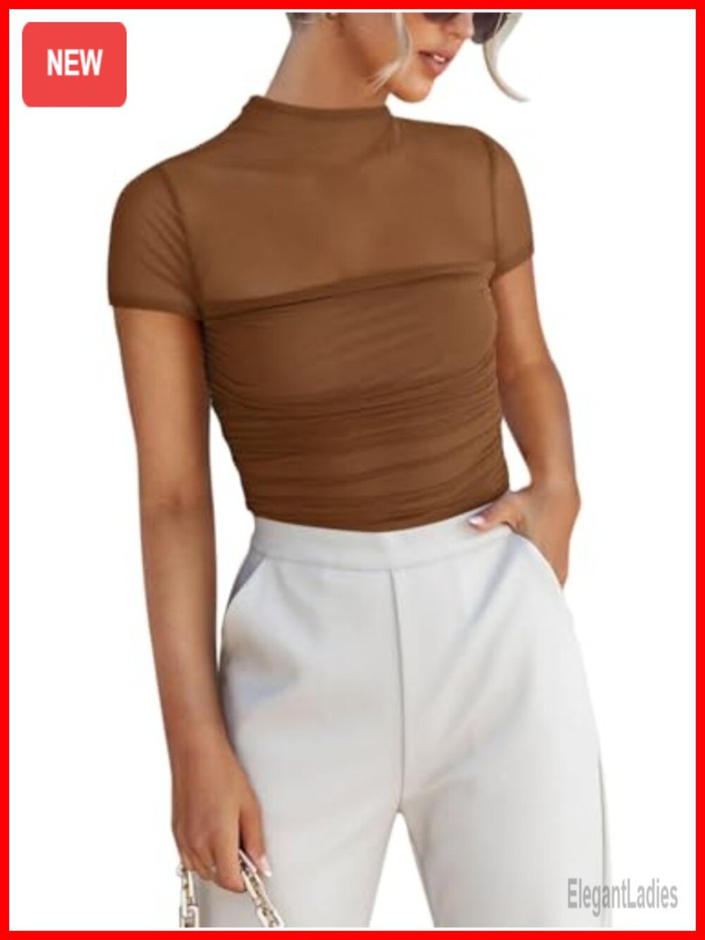 Sexy Mock Turtle Neck Short Sleeve Sheer Mesh Ruched Bodysuit Top